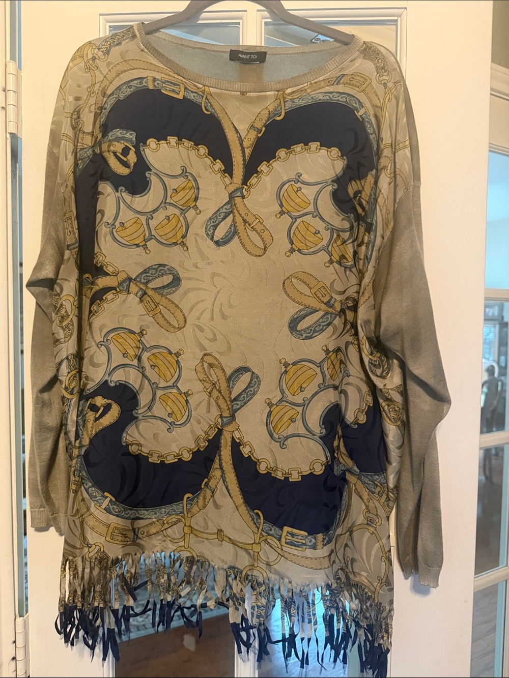 Avant Toi Beige, Navy & Yellow Printed Fringe Crewneck